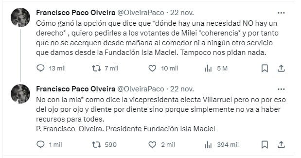 El posteo en X del padre "Paco" Olveira contra los votantes de Milei: "No se acerquen al comedor"