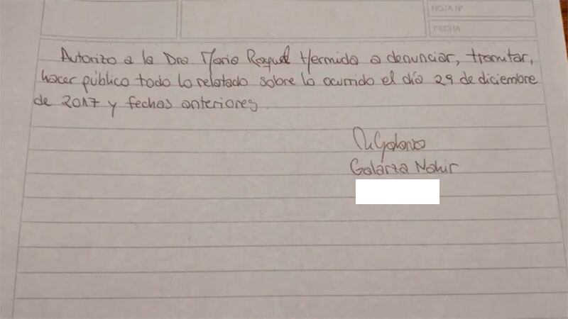 La autorización que Nahir Galarza le dio a su abogada para la denuncia contra su padre / Gentileza Infobae