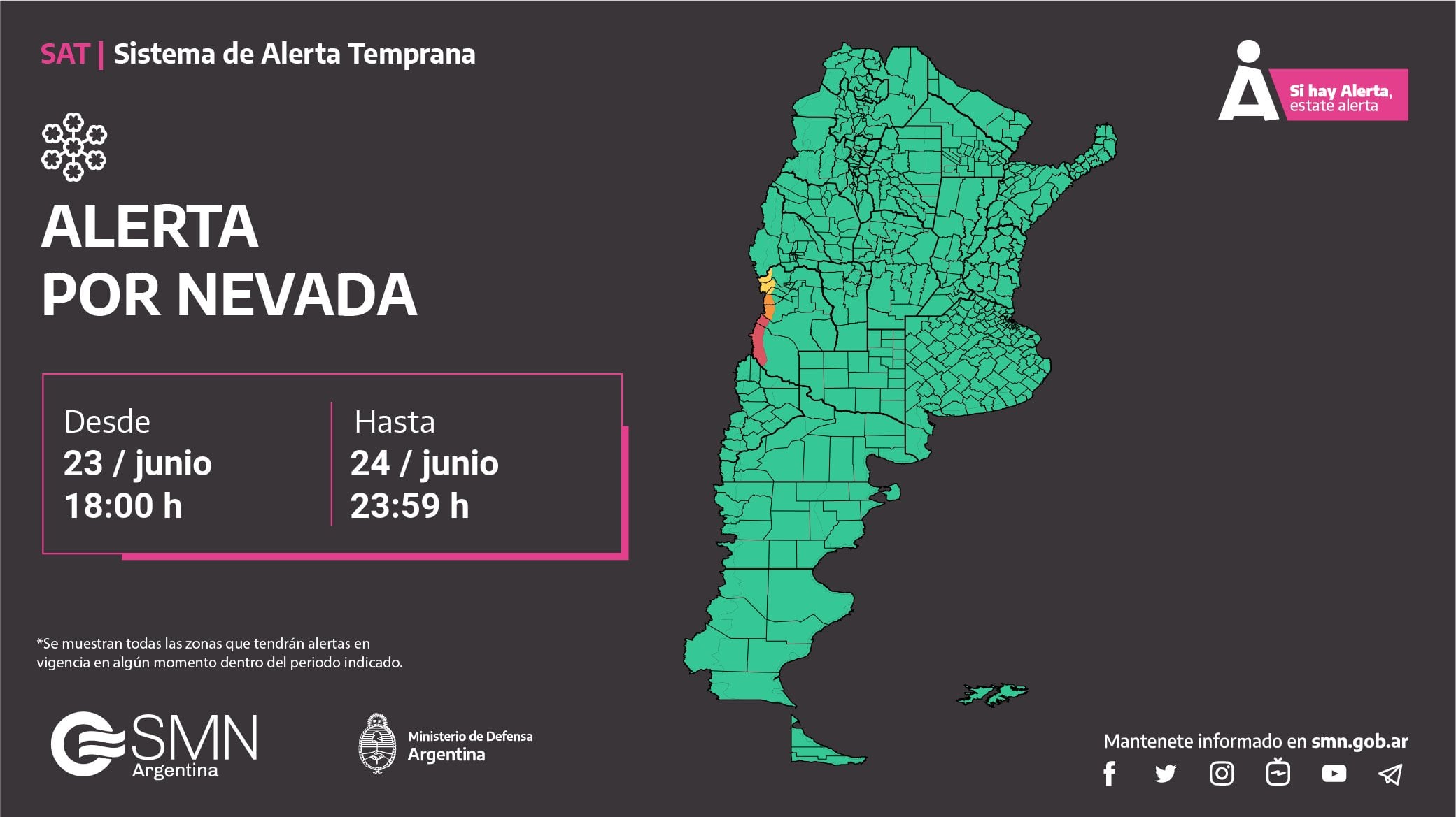 Alerta Roja por Nevadas en Mendoza. Foto: Twitter / @SMN_Argentina