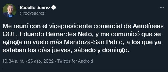 Suarez anunicó que se sumará una vuelo más entre Mendoza y San Pablo. - Twitter