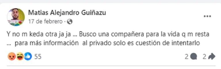 Femicidio en Merlo: el último posteo de Guiñazu