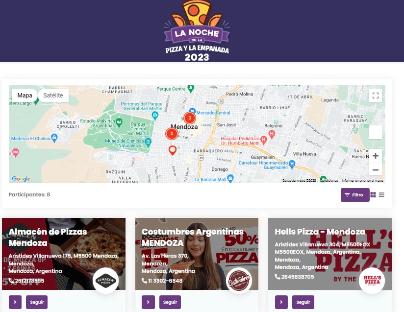 En la página web se pueden ver los locales adheridos y los beneficios que tiene cada pizzería. Foto: captura.