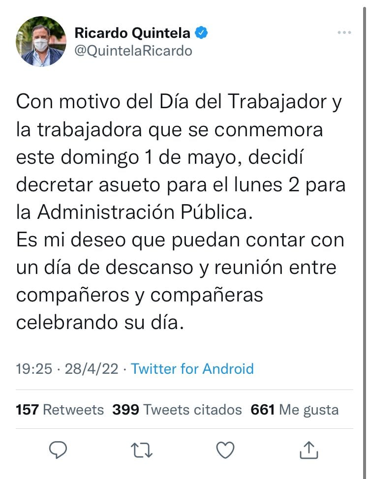 Ricardo Quintela decidió trasladar el feriado del día del trabajador para el lunes.