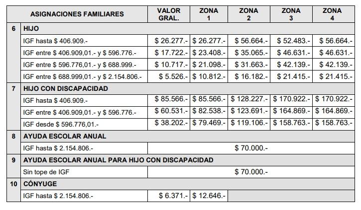 Valores de asignaciones familiares según ingresos mensuales (Anses, marzo de 2024)