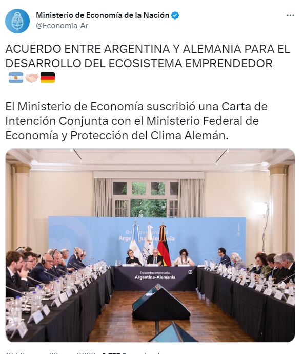 Los Gobiernos de Argentina y Alemania firmaron un acuerdo con el objetivo de fortalecer el desarrollo del ecosistema emprendedor - Twitter Ministerio de Economía