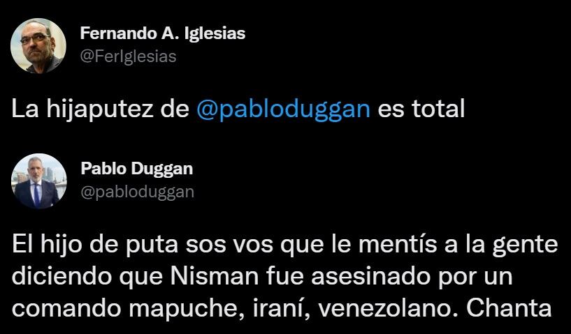 El cruce de Pablo Duggan con Fernando Iglesias (Twitter)