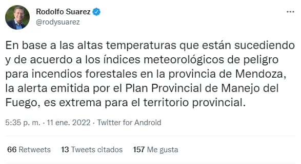 El mensaje de Rodolfo Suárez en sus redes sociales.