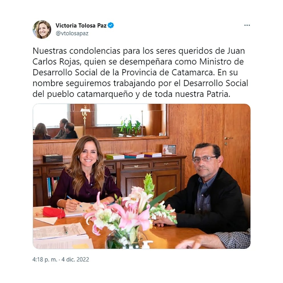 Victoria Tolosa Paz y sus condolencias por la muerte de Juan Carlos Rojas. Foto: Twitter