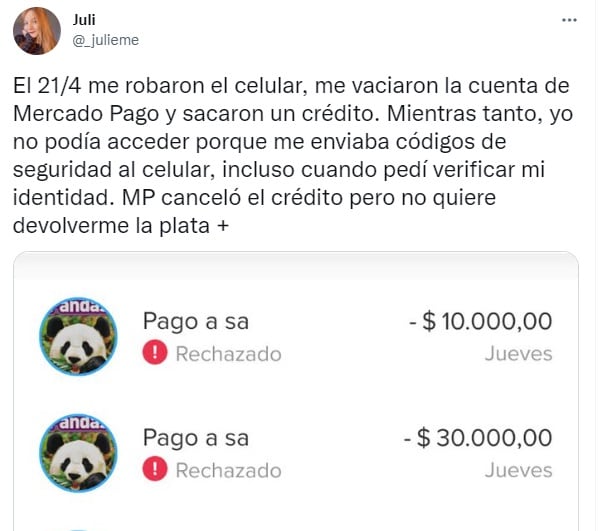 El caso de una joven que denunció un robo de cuenta de Mercado Pago (Twitter)