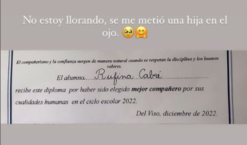 Rufina, la hija de China Suárez y Nicolás Cabré recibió una mención por buen compañera.