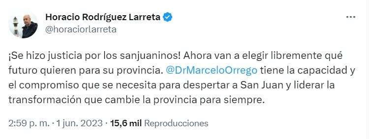 Tuit del Jefe de Gobierno porteño, Horacio Rodríguez Larreta.