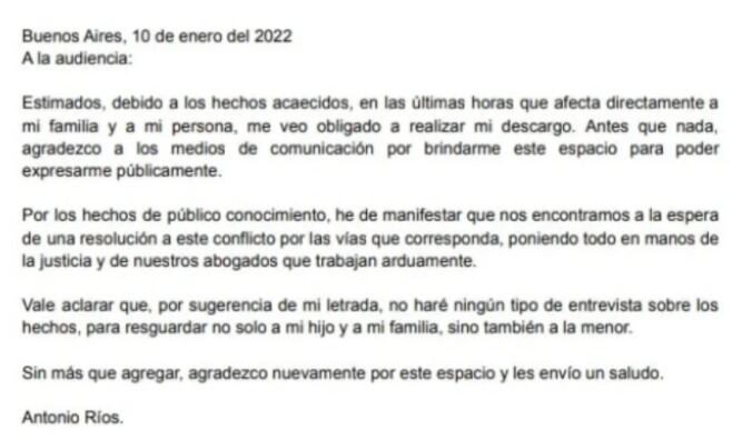 El comunicado de Antonio Ríos tras la detención de su hijo.