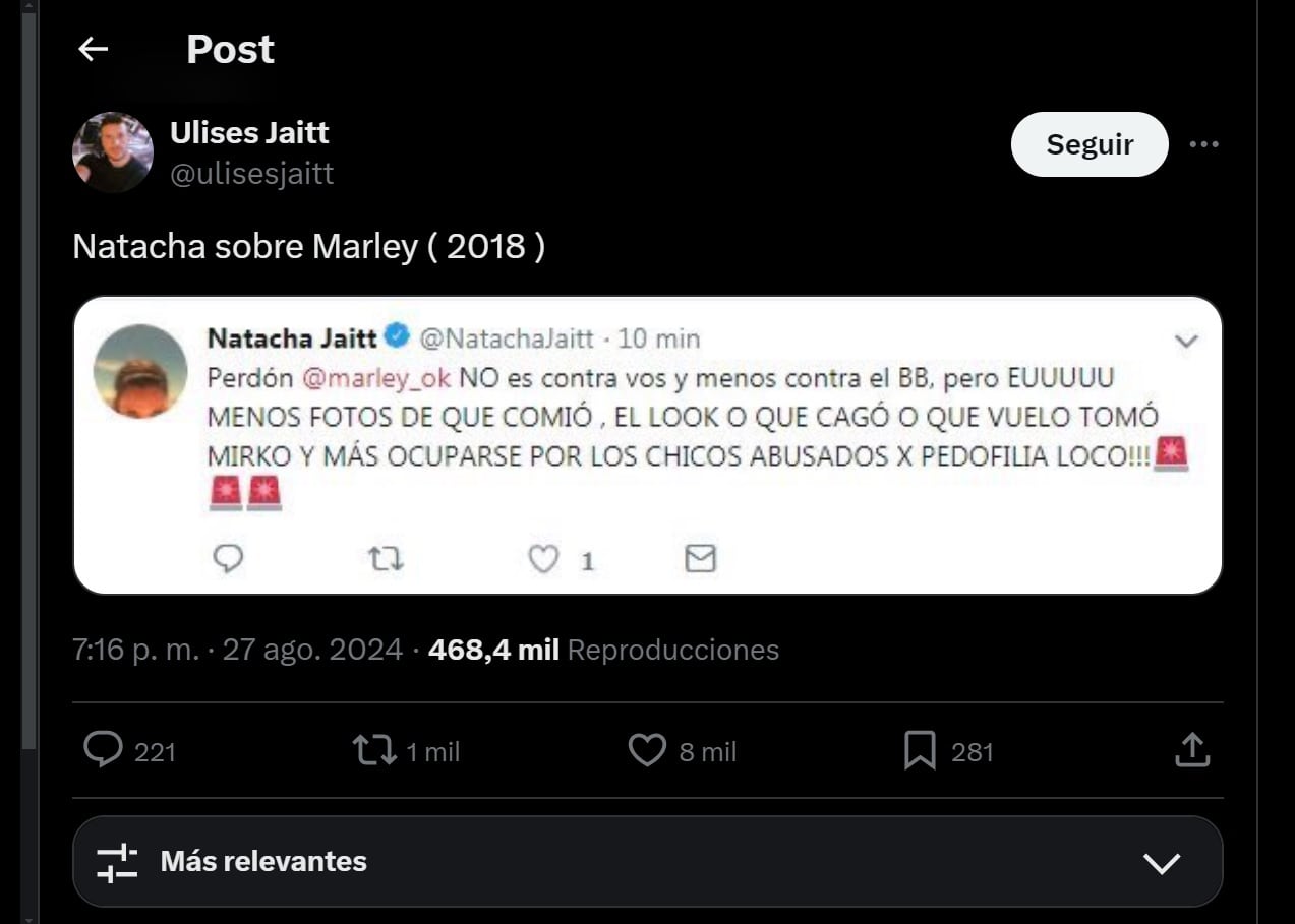 El mensaje de Natacha Jaitt que menciona a Marley. Captura de Twitter.