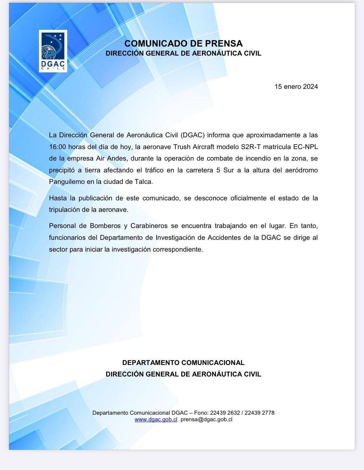 La Dirección General de Aeronáutica Civil (DGAC) local se encargó de confirmar el hecho - DGAC