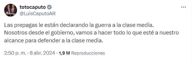 La medicina privada registra este mes su cuarto aumento consecutivo por encima de los dos dígitos - X Luis Caputo