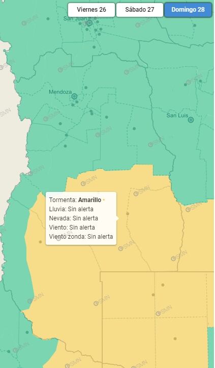 Mapa de tormentas del Servicio Meteorológico Nacional para este domingo 28 de enero.