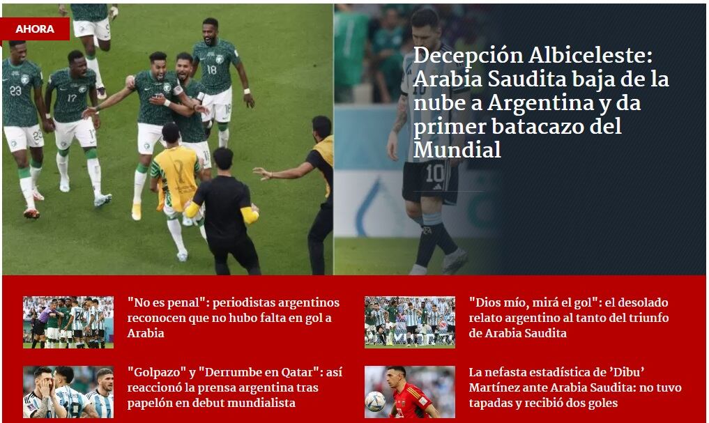 Biobío (Chile) La prensa internacional reaccionó con dureza a la derrota de Argentina frente a Arabia Saudita en el Mundial de Qatar 2022