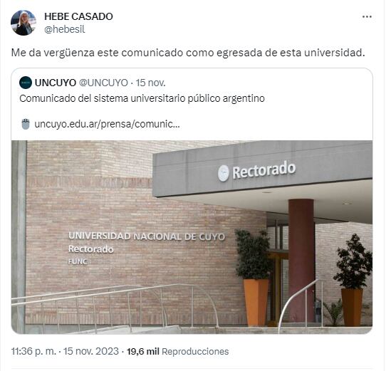 La vicegobernadora electa generó polémica por su reacción ante un comunicado de la Universidad Nacional de Cuyo.