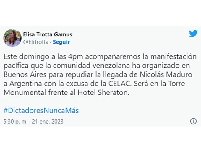 Tweet de Elisa Trotta Gamus invitando a la manifestación. Foto: Captura Twitter.