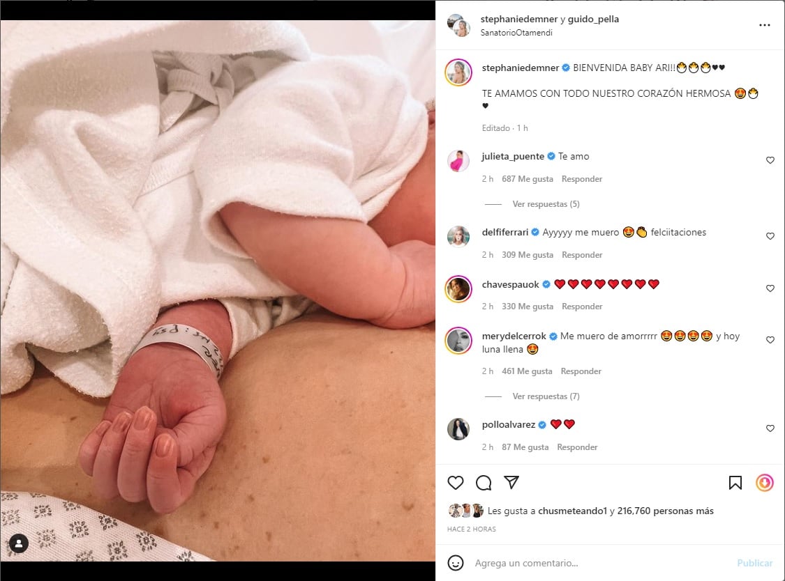 Nació Arianna, la hija de Stephanie Demner y Guido Pella.