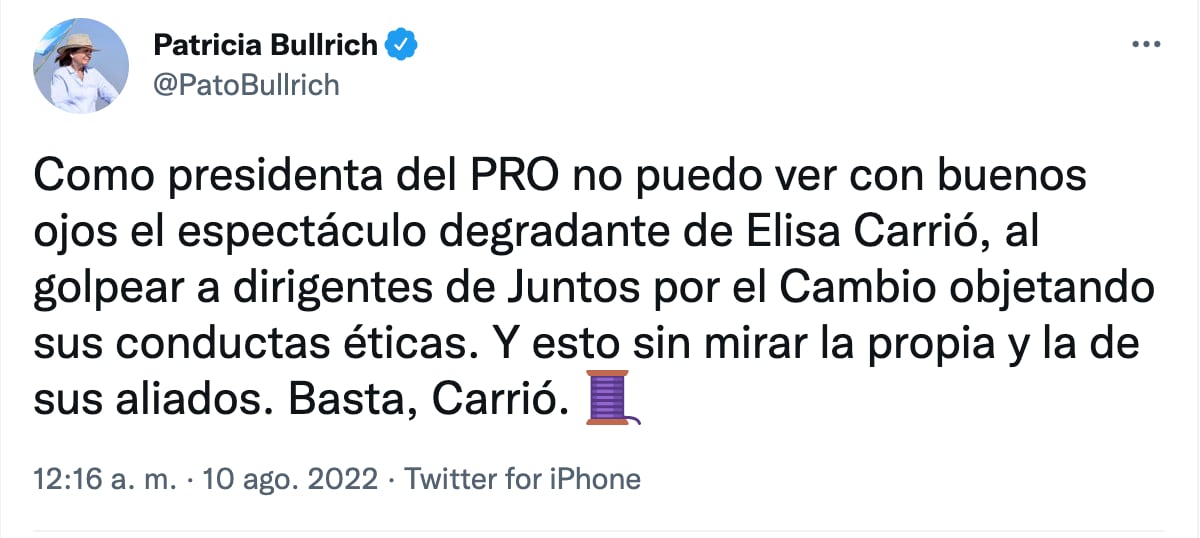 El mensaje de Patricia Bullrich contra Elisa Carrió.