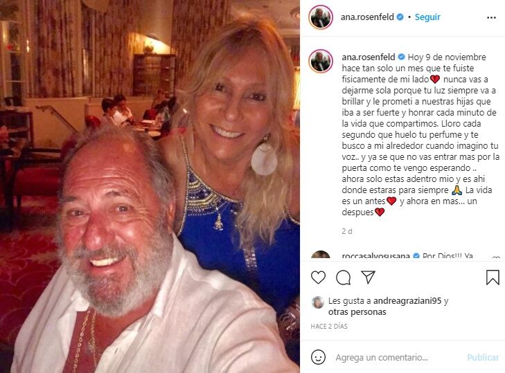 Ana Rosenfeld y el triste mensaje publicado a un mes del fallecimiento de su esposo