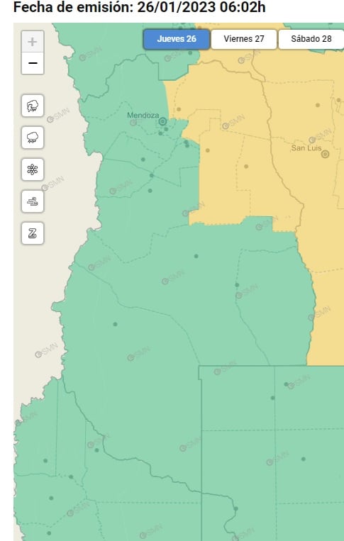 Alerta amarilla por tormentas en Mendoza (26/01/23) / SMN