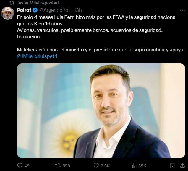 El posteo que reposteó Milei. Captura: X / @JMilei