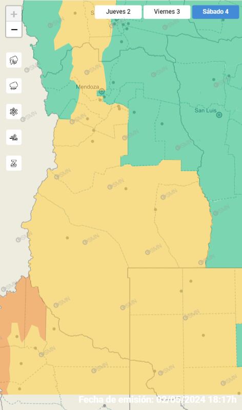 Alerta amarila del Servicio Meteorológico Nacional por Zonda y nevadas en Mendoza.