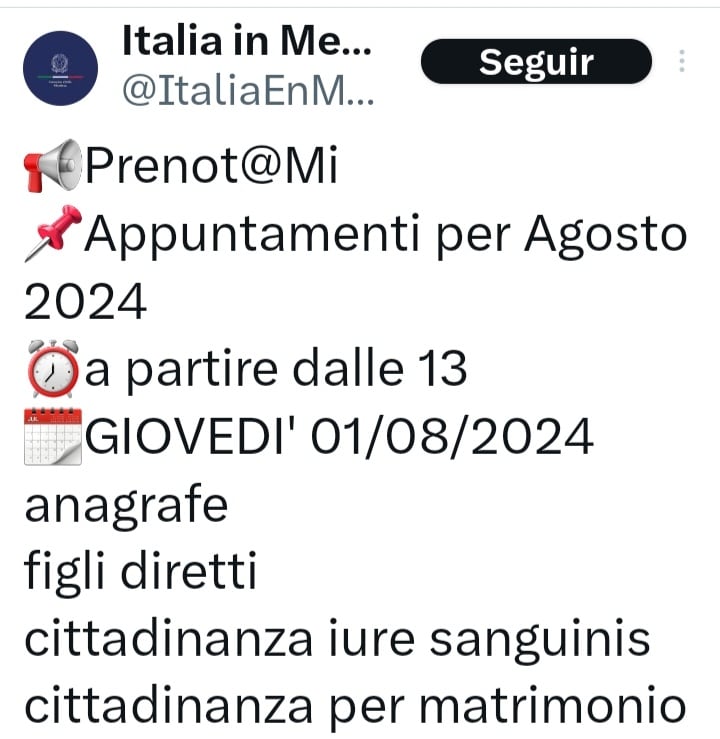 El 1 de agosto de 2024 es la apertura de citas para la ciudadanía italiana.