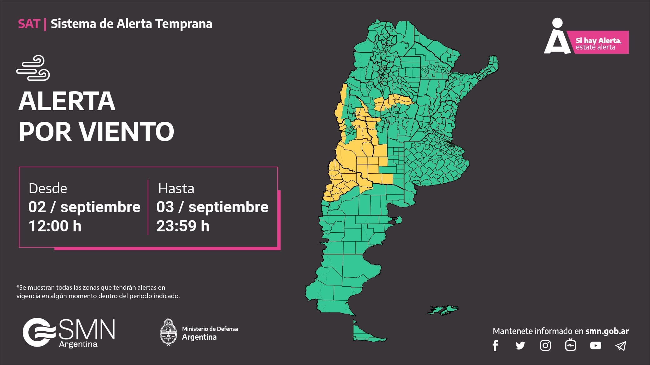 Alerta por viento en parte de Mendoza. Imagen: X / @SMN_Alertas