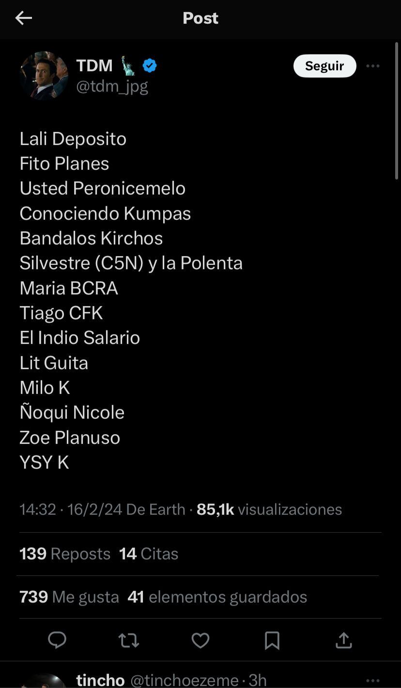 Libertarios cambiaron los nombres de cantantes argentinos como Milei con Lali. Captura de pantalla.