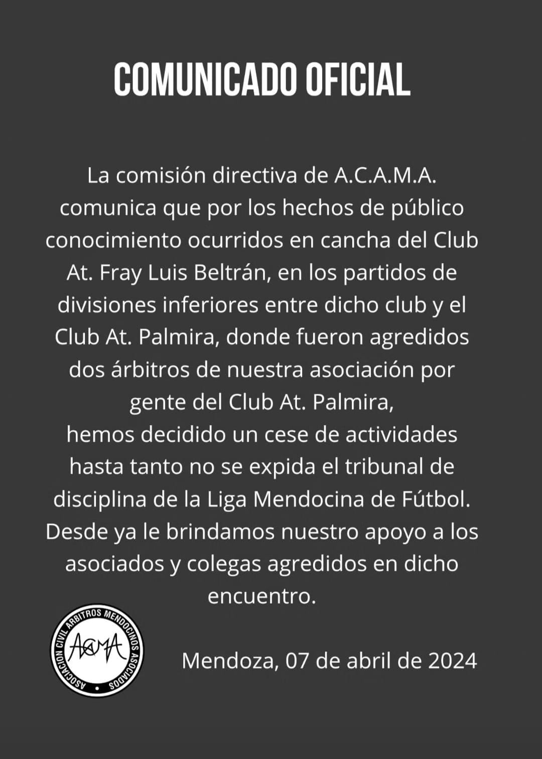 El comunicado de ACAMA.