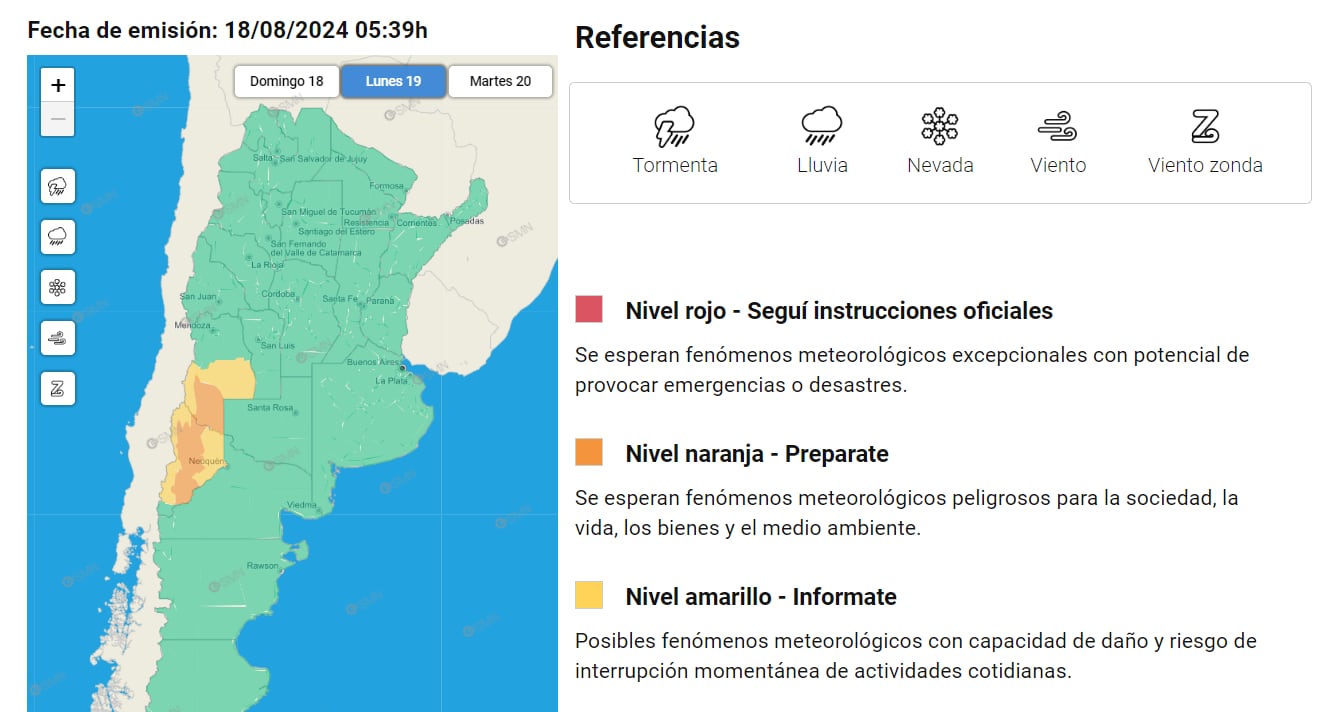 Alertas por nevadas en el Sur de Mendoza para el 19 de agosto - SMN