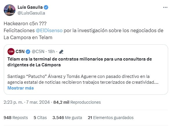 #HackearonC5N se hizo viral en X luego de que el canal de noticias K publicara los supuestos negociados entre Télam y La Cámpora