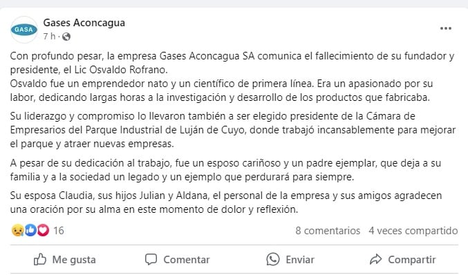 El mensaje de la empresa de Osvaldo Rofrano, el hombre hallado muerto en su casa de Chacras de Coria (Facebook)