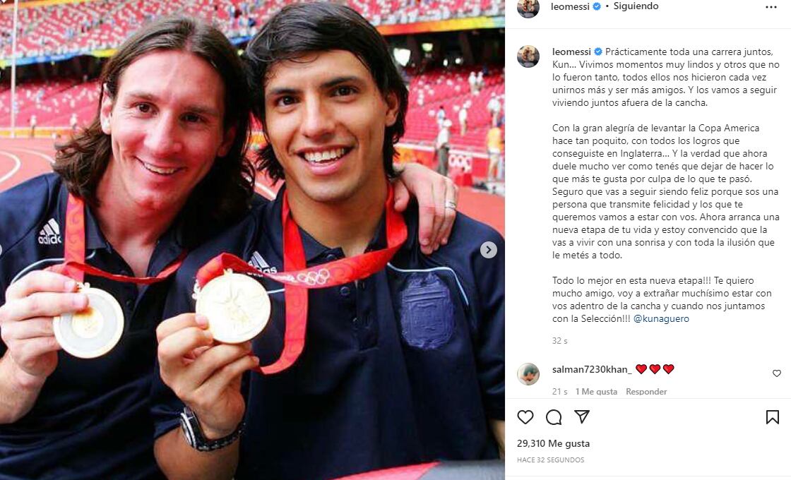 El emotivo mensaje de Messi a Agüero luego de que el Kun oficializara su retiro. Foto: Instagram @leomessi