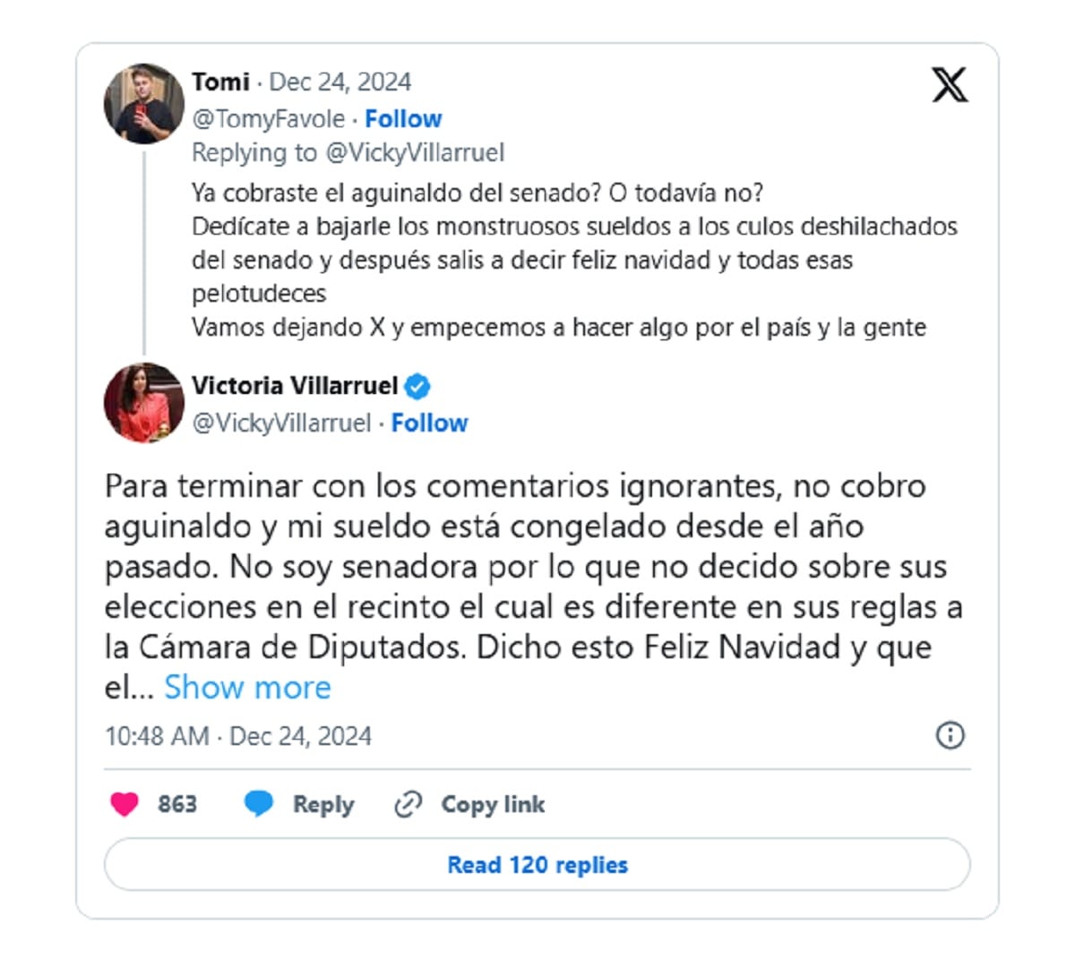 La titular del Senado respondió un comentario de un usuario que la responsabilizaba por cobrar aguinaldo (Foto captura X)