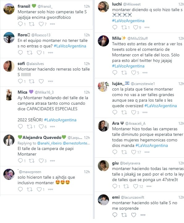 Críticas en las redes sociales por la campera talle S que regala Montaner en La Voz Argentina (Twitter)