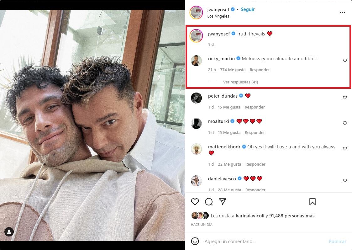 Jwan Yosef, el esposo de Ricky Martin, le mostró su apoyo al cantante con un romántico posteo.