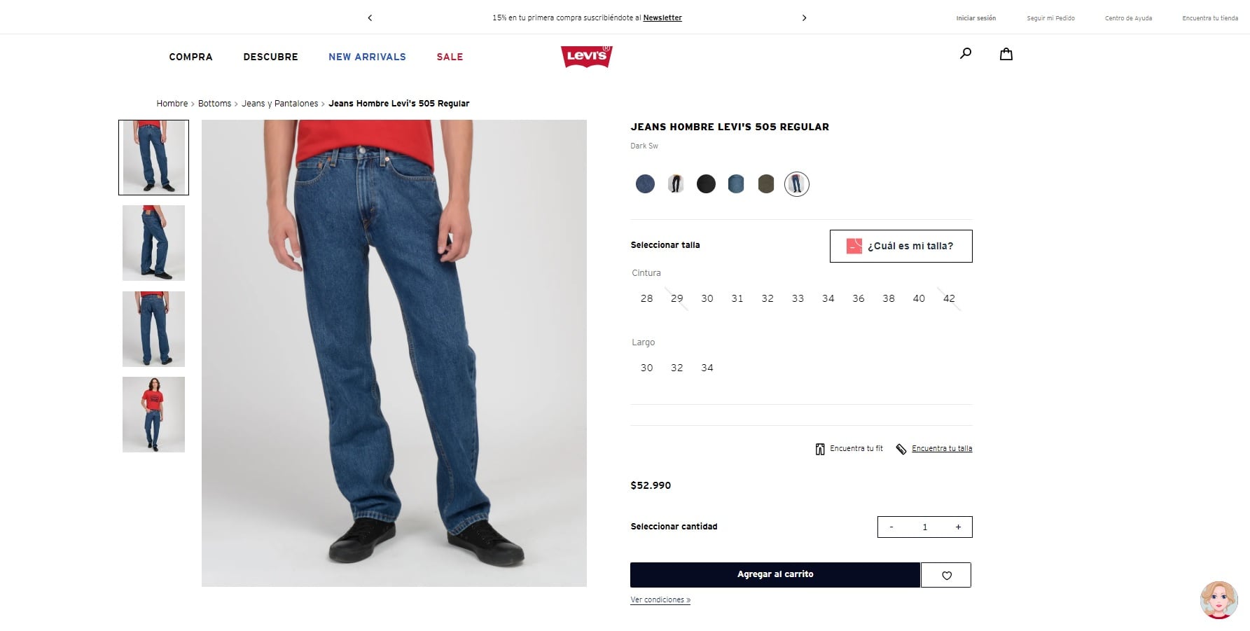 Jean Levi's para hombre en Chile. Captura de pantalla.