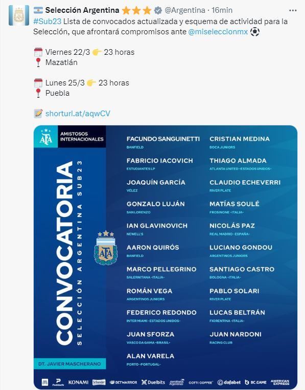 Lista actualizada de convocados para los amistosos dela Selección