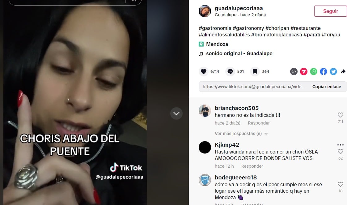 Tiktoker de Mendoza se enojó porque su novio la llevó a comer choris abajo del puente: “No es la indicada” / TikTok @guadalupecoriaa