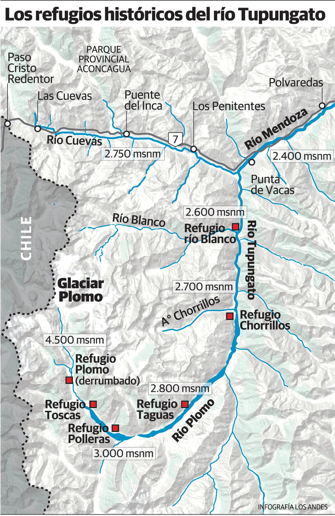 Glaciar y río el Plomo, nacientes del río Mendoza. Gustavo Guevara.