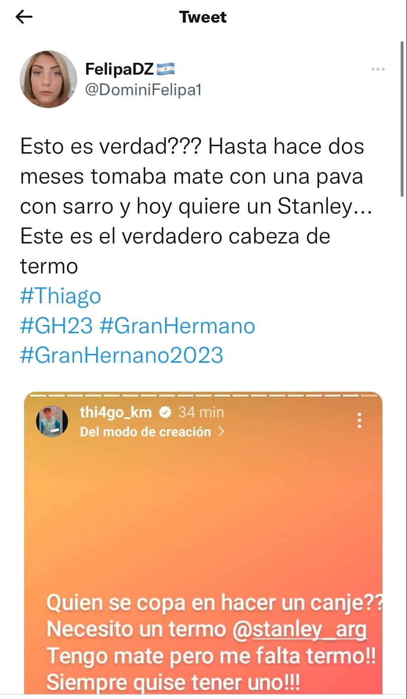 Thiago, ex Gran Hermano, pidió canje de Stanley y desató el debate.