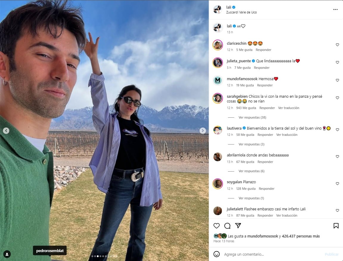 La romántica escapada de Lali Espósito y Pedro Rosemblat a Mendoza. Gentileza Instagram.