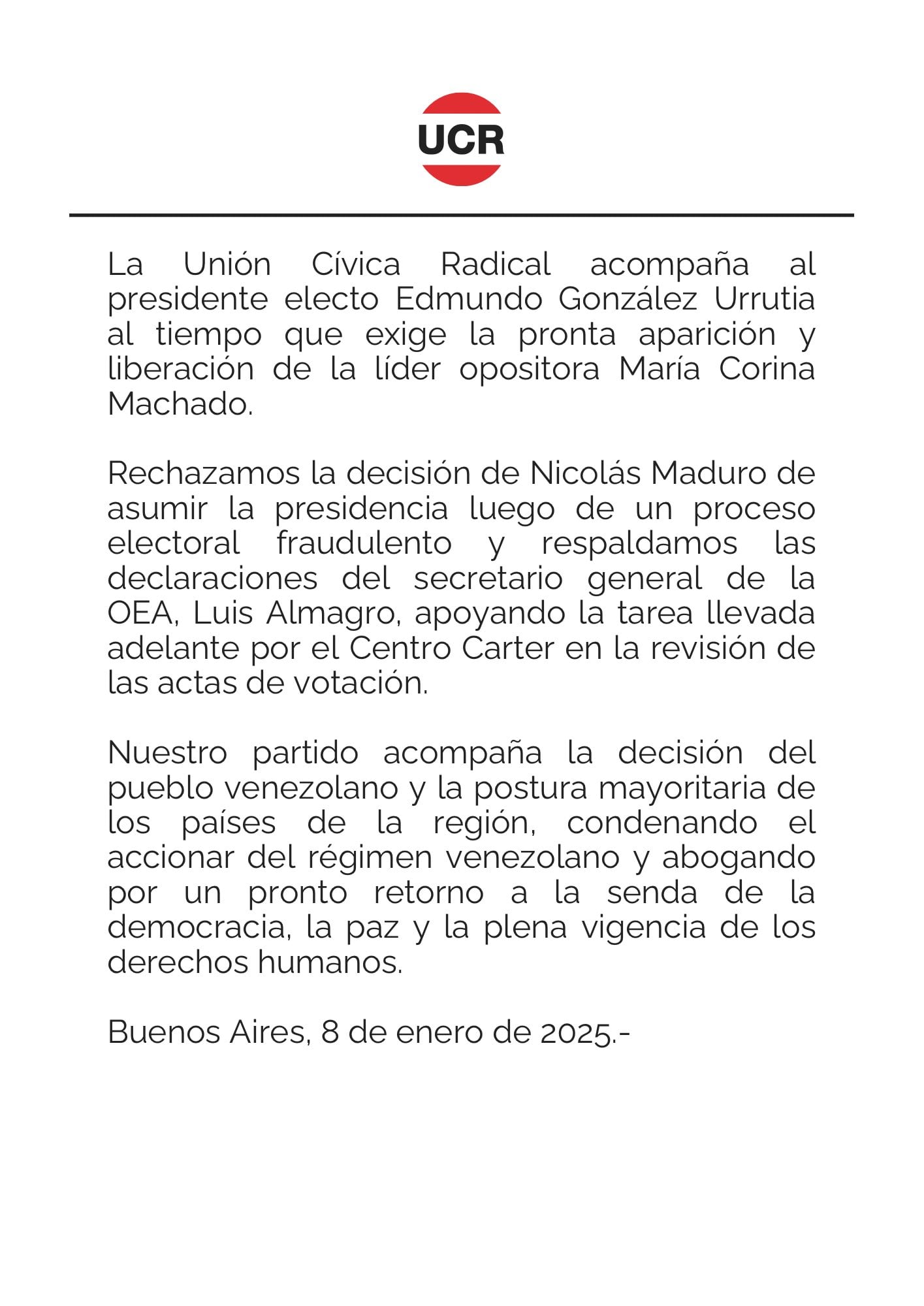 El comunicado de la UCR sobre la situación en Venezuela. Foto: UCR Nacional.