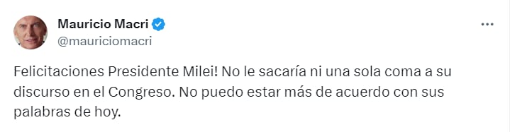 Macri elogió el discurso de Javier Milei - X