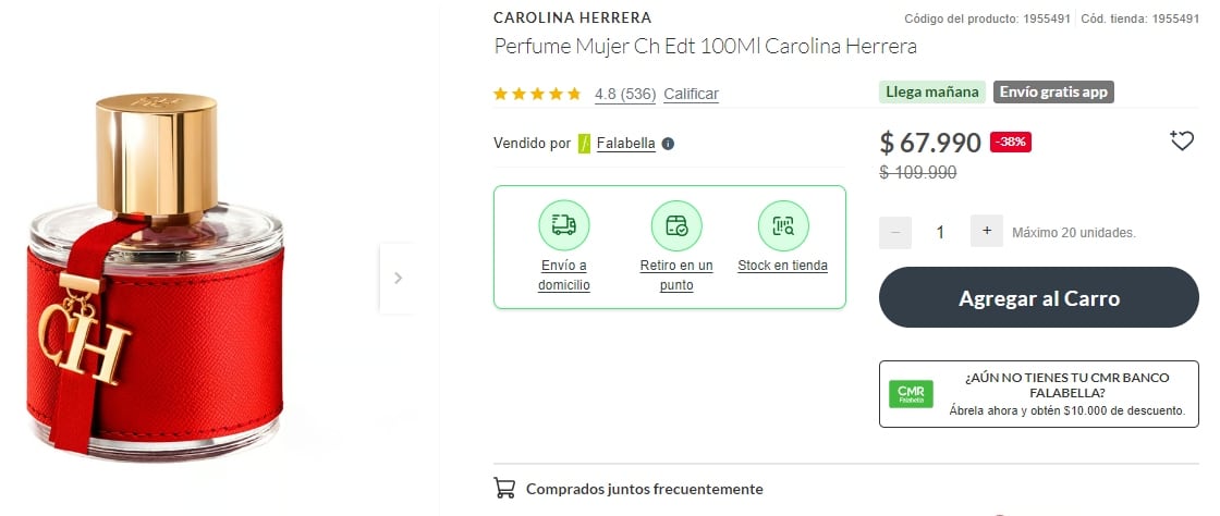 Un perfume Carolina Herrera de 100ml se encuentra disponible en la tienda oficial de Falabella a $67.990 chilenos.