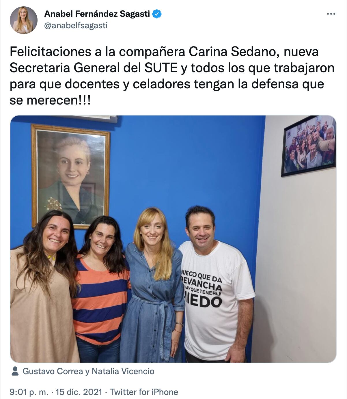 Anabel Fernández Sagasti saludó a la nueva titular del SUTE de Mendoza.